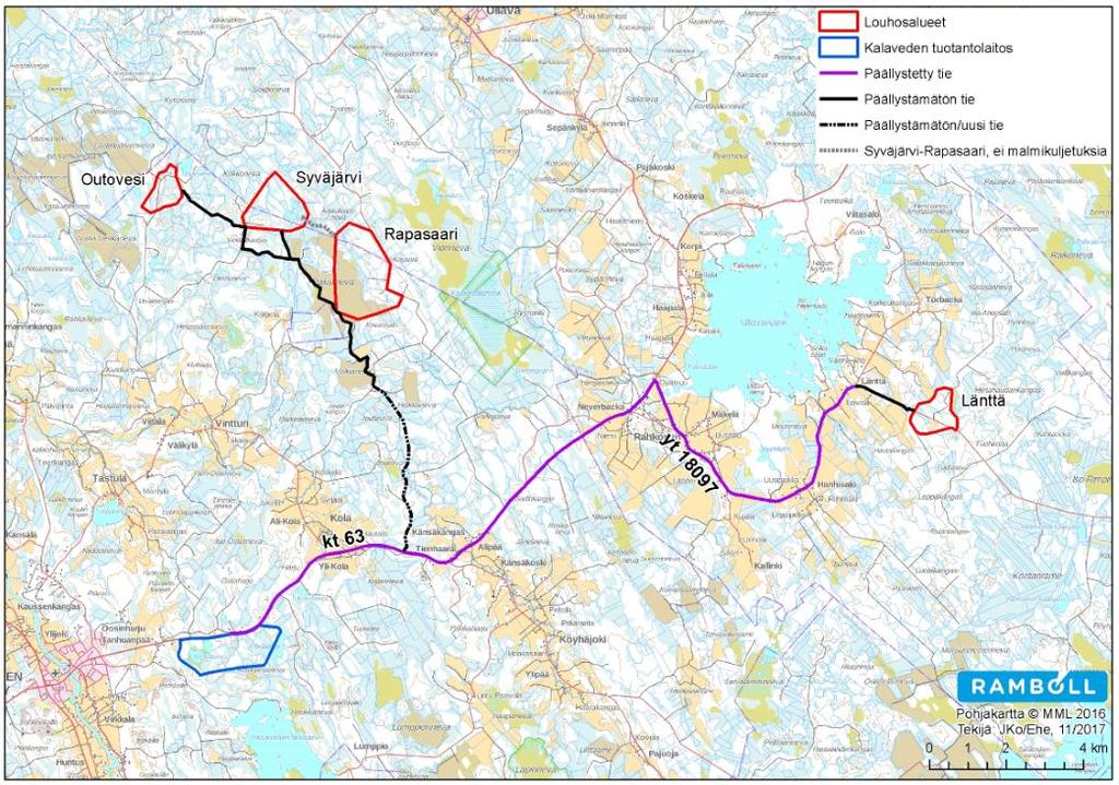 243 Kuva 7-1. Suunnitellut malmin kuljetusreitit louhosalueilta Kalaveden tuotantolaitokselle. Rakentamisvaiheen aikana tarvittavat rakennusmateriaalit ja kalusto kuljetetaan louhosalueille.