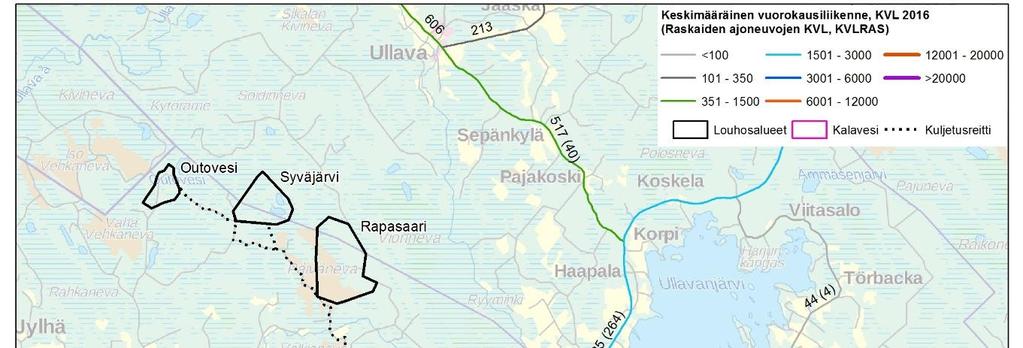 245 kokonaisliikennemäärä on lähellä valtakunnallista ja alueellista tasoa, mutta raskaan liikenteen määrä on tiellä hieman keskimääräistä suurempi. Taulukko 7-3.