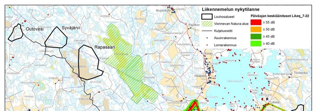 254 Kuva 7-3. Liikennemelun leviäminen kuljetusreittien varrella nykytilassa.