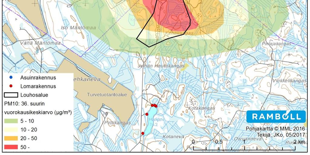 Louhosalueiden toimintojen pölypäästöjen vaikutukset lähialueiden ulkoilman PM 10-pitoisuuksien vuosikeskiarvoihin tai ilmanlaatuun ovat leviämislaskelmien ja arvioiden perusteella suhteellisen