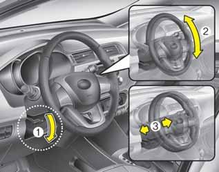 Autosi ominaisuudet OUB041029 Muuttaaksesi ohjauspyörän kulmaa, paina lukitsinvipu (1) ala-asentoon, säädä ohjauspyörä haluttuun kulmaan (2) ja korkeuteen (3, mikäli varusteena) ja vedä sitten