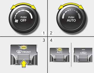 Autosi ominaisuudet Tuulilasin ulkopinnan lämmittäminen 1. Aseta puhallin suurimmalle nopeudelle (äärimmäinen oikea). 2. Aseta lämpötila lämpimimpään asentoon. 3. Valitse asento. 4.