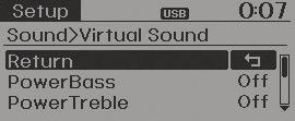 Valitse [Virtual Sound] Valitse valikko TUNE-säätimellä Aseta On / Off TUNE-säätimellä.