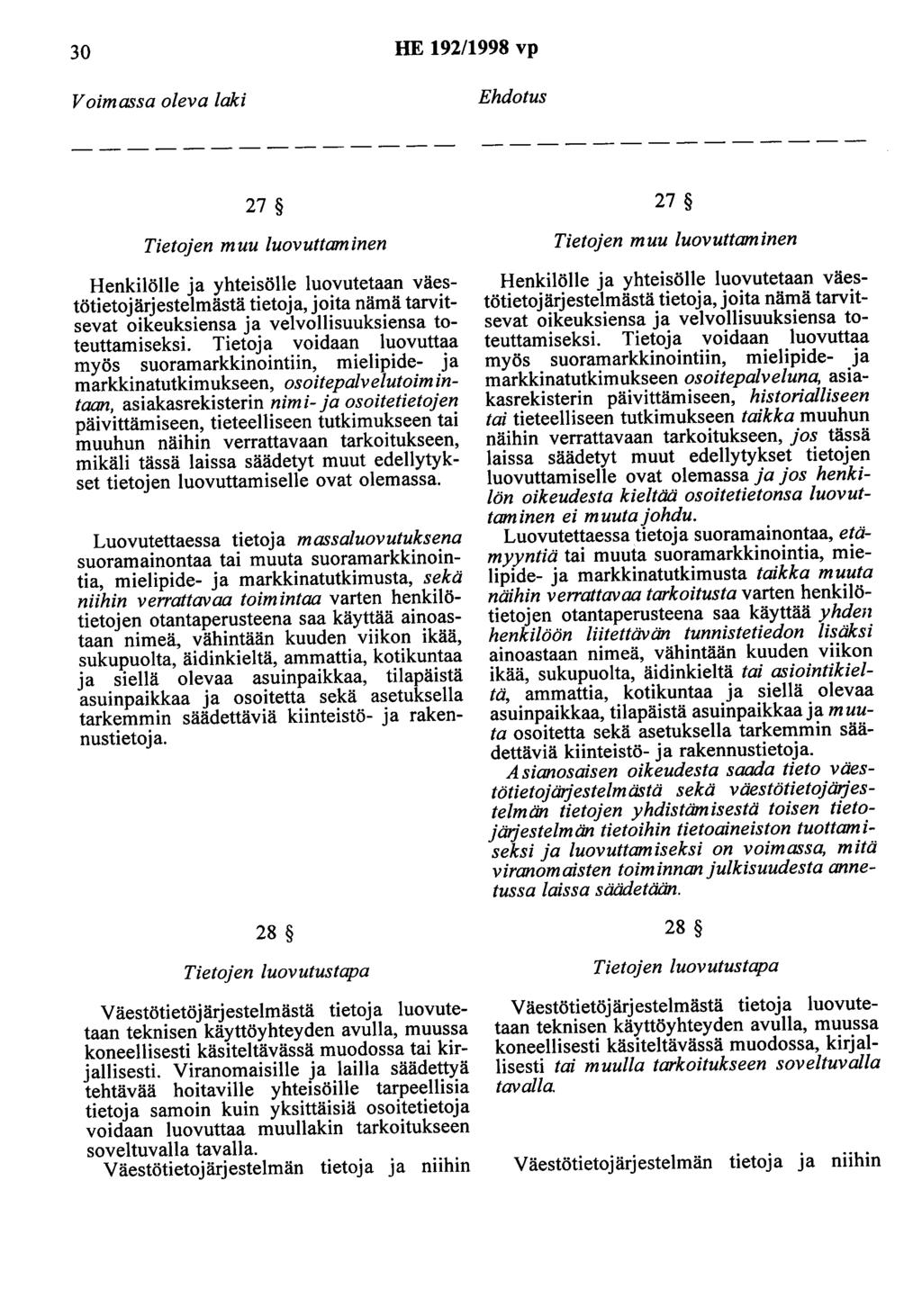 30 HE 192/1998 vp Voimassa oleva laki Ehdotus 27 Tietojen muu luovuttaminen Henkilölle ja yhteisölle luovutetaan väestötietojärjestelmästä tietoja, joita nämä tarvitsevat oikeuksiensa ja