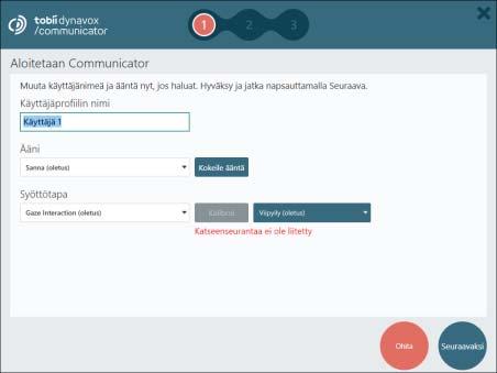 Ohjelmien asentaminen Toimiakseen tarkoituksen mukaisesti SähköSANOMA tarvitsee seuraavat ohjelmat: Communicator 5 -kommunikointiohjelma DialoQ-taivutin Communicator 5 Asennus Asenna Tobii