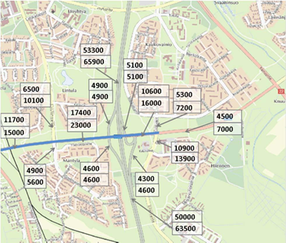 Mt 8155, Poikkimaantien parantaminen välillä Oulun Satama vt22 9 Kuva 3b Suunnittelualueen keskimääräinen vuorokausiliikenne nyky- ja ennustetilanteessa 2030. 1.2.4 Liikenteelliset olosuhteet Poikkimaantie on suunnittelualueella pääasiassa yksiajoratainen maantie, jonka poikkileikkaus on 10/7 metriä.