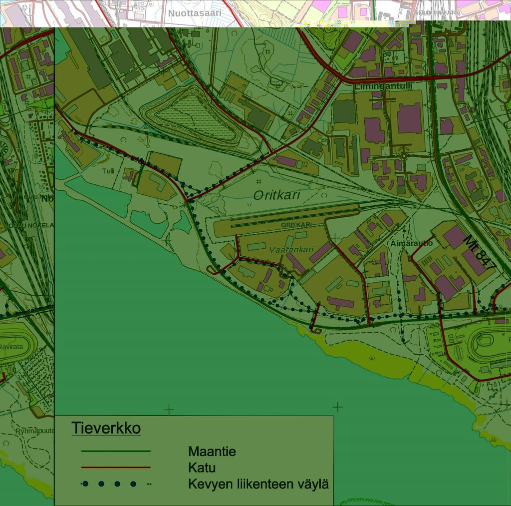 Mt 8155, Poikkimaantien parantaminen välillä Oulun Satama vt22 6 1.2 NYKYTILA JA ONGELMAT 1.2.1 Suunnittelualue ja tieverkko Suunniteltava tiejakso on pituudeltaan noin 5,5 km.