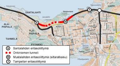 tasoliittymin Ve 1, Onkiniemen lyhyt tunneli ja eritasoliittymät Ve 2, tiesuunnitelmaesikopion 12/2009 mukainen pitkä tunneli.