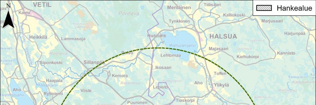 2 Kuva 2. Asukaskyselyn osoitetietojen yleispiirteinen poiminta-alue. Poiminta-alue on noin 12 kilometriä hankealueesta.