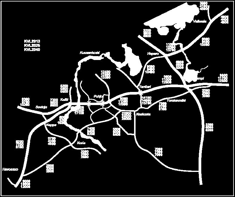 Kevyt ajoneuvoliikenne kasvaa suunnittelualueella n.