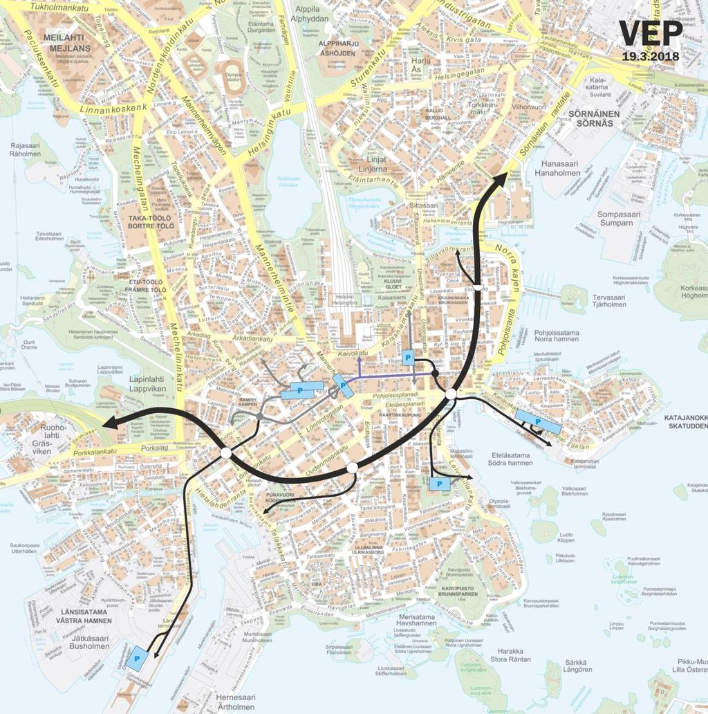 Jatkotarkasteluihin valittu tarkastelunäkökulma P Maanalaiselta kokoojakadulta on yhteydet satamiin, Forumin, Stockmannin, Kluuvin, Kaartin, Katajanokan ja Länsisataman pysäköintilaitoksiin sekä