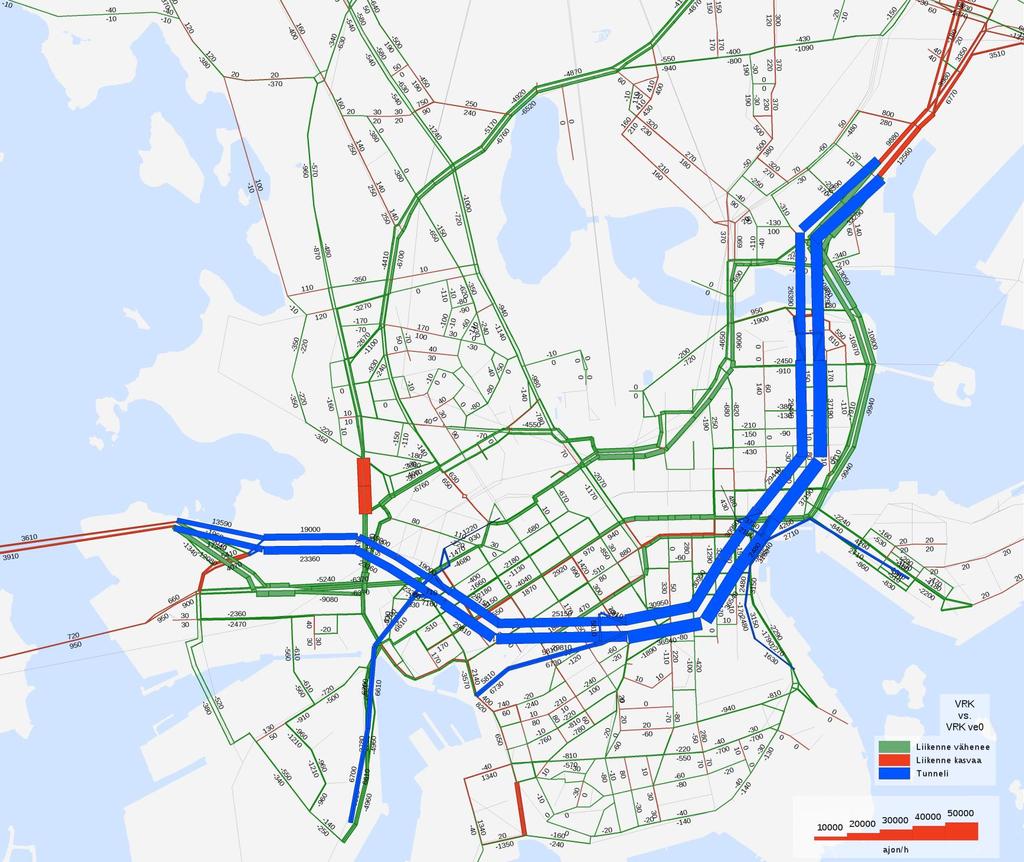 Vuorokausiliikennemäärien ero 2040 ve P-ve 0 Arkivuorokausiliikenteen (KAVL) muutokset muutos %-muutos Laivasillankatu -4 100-54 % Etelä-Esplanadi -2 200-17 % Pohjois-Esplanadi -12 600-100 %