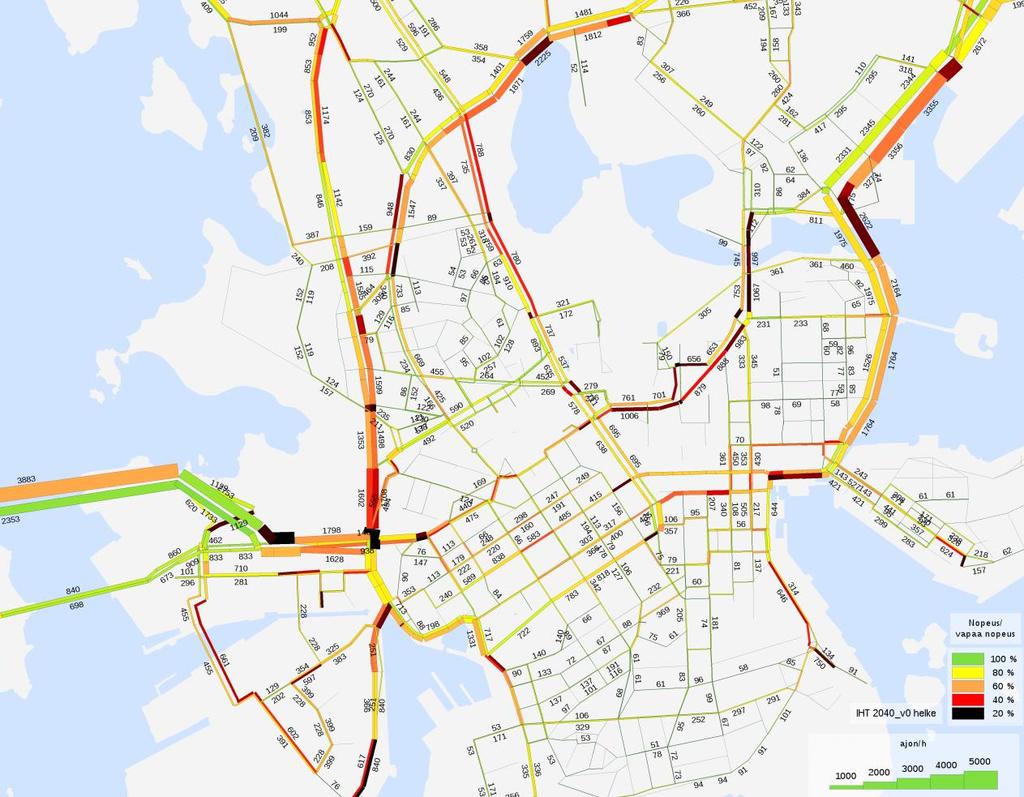 Huipputuntikuormitukset 2040 ve 0 (ei kävelykeskustaa eikä maanalaista