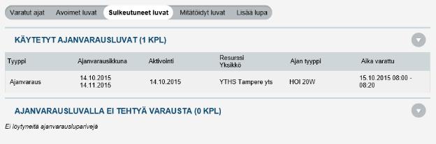Käytetyt ajanvaraus luvat on lisätty Sulkeutuneet luvat listalle.