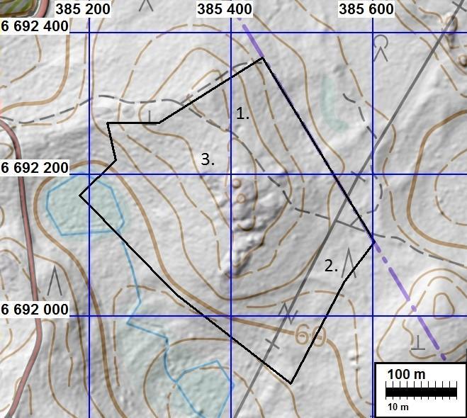Kartta 3. Tutkimusalueen rinnevarjostuskuva. 1. Kuopanne, jota tutkittiin koepistoin. Siinä ei havaittu muokkauskerrosta tai mitään muuta muinaisjäännökseen viittavaa.