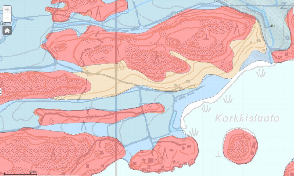 T201713 7 Kuva 12. Selvitysalue on rajattu punaisella maaperäkartan (vas.) otteeseen. Maaperälajit ovat näkyvissä kartalla. Kalliomaa on pinnassa monin paikoin.