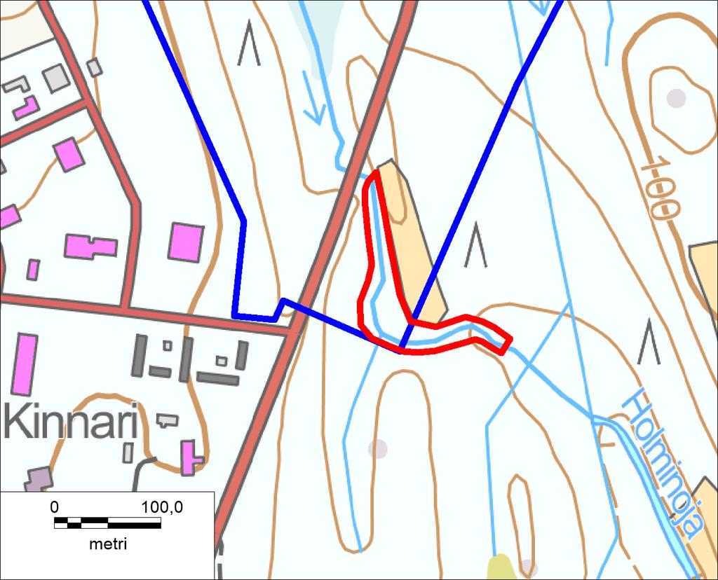 Kuva 5. Holminojan paikallisesti arvokas luontokohde (punainen rajaus) selvitysalueen eteläpäässä. Asemakaava-alueen raja on merkitty sinisellä viivalla. 3.