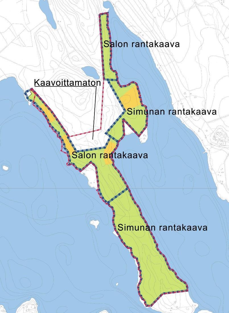 Kaavatilanne nyt laadittavan ranta-asemakaavan alueella. Punaisella nyt laadittavan kaavan rajaus ja sinisellä katkoviivalla voimassa olevat rantakaavat. (Kartta MML 2016).