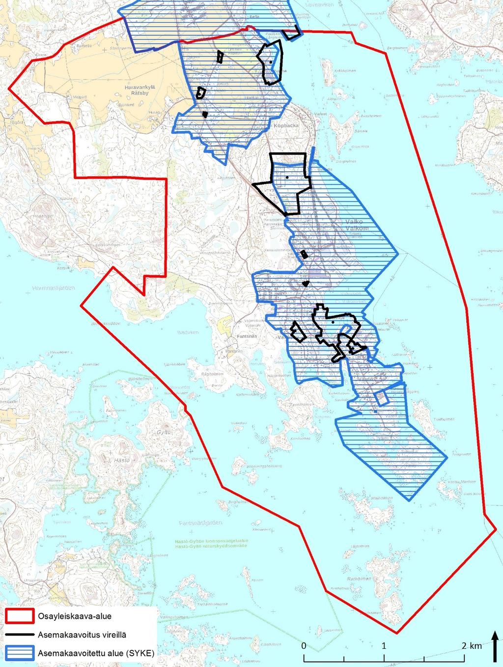 OAS Valkon ja sen lähialueiden osayleiskaava 12 (20) 31.5.2018 4.3 Asemakaavat Suuri osa suunnittelualueesta on asemakaavoitettu. Asemakaavoitetut alueet on esitetty seuraavassa kuvassa.