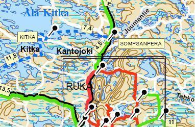 tunnetuimmista retkeilyreiteistä, Karhunkierros (punainen viiva), kulkee Porontiman pohjoispuolella.