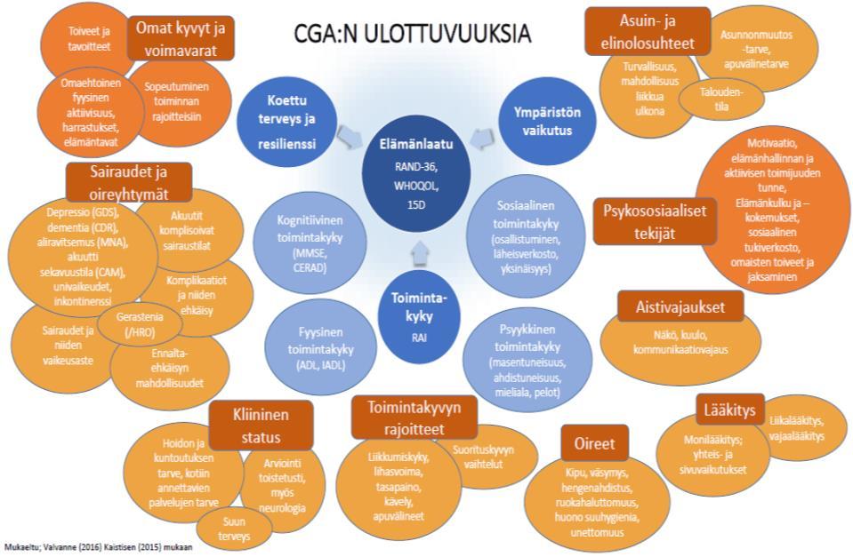 49 Kuva 3: Kokonaisvaltainen geriatrinen (gerontologinen) arviointi ja sen ulottuvuudet. CGA:ssa on kyse asiakkaan kokonaisvaltaisesta huomioimisesta fyysisenä, psyykkisenä ja sosiaalisena toimijana.