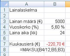 Excel 2007 fi-fi 19 / 31 MAKSU (PMT) funktio Annuiteettilainan maksuerän suuruuden voit laskea Excelin funktiolla MAKSU. Annuiteettilainan maksuerän suuruus on sama koko luoton takaisinmaksuajan.