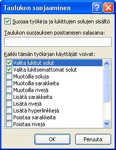 Solujen lukitusmäärittelyn muuttaminen Kaikki taulukon solut lukitaan jos laskentataulukko suojataan. Tämän takia sinun on ensin määriteltävä ne solut joihin tietoja saa muuttaa. Solujen suojaus 1.