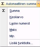 =KESKIARVO(A5:C20) Palauttaa alueella A5:C20 olevien lukujen keskiarvon. Funktioitten ketjuttaminen =MAKSU(10%;36;40000) Yksi tai useampi argumentti.