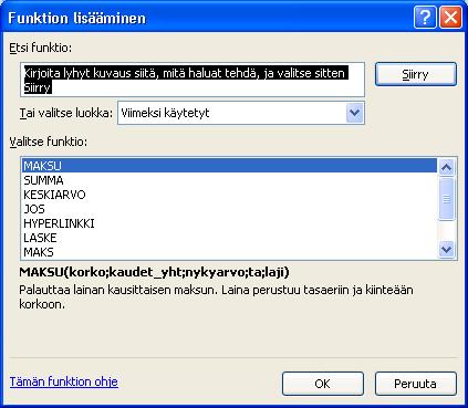 Napsauta Lisää funktio-painiketta kaavarivillä.