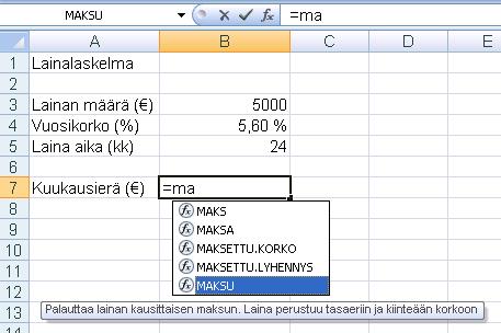 Excel 2007 fi-fi 9 / 31 Funktion täydentäminen kaavaa kirjoitettaessa Funktiokaava voidaan luoda