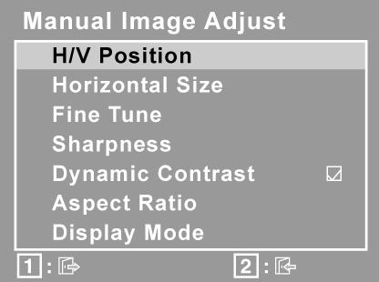 Säädin Kuvaus Manual Image Adjust (Manuaalinen kuvan säätö) näyttää manuaalisen kuvansäädön valikon. H./V.