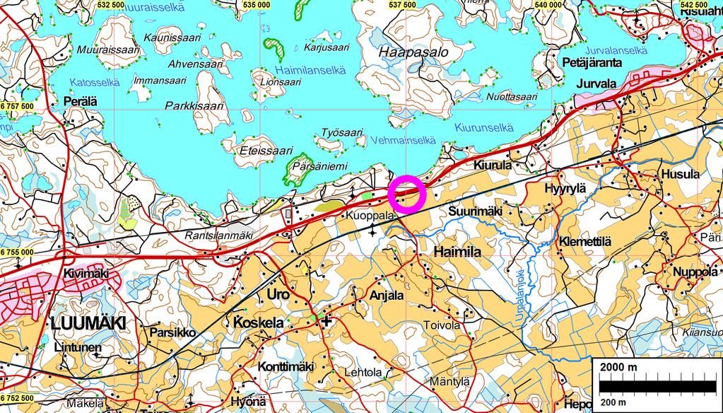 3 Tutkimusalue on vaaleanpunaisen ympyrän sisällä. Ontelan kivikautisen asuinpaikan muinaisjäännösrajaus punaisella (paksu viiva).