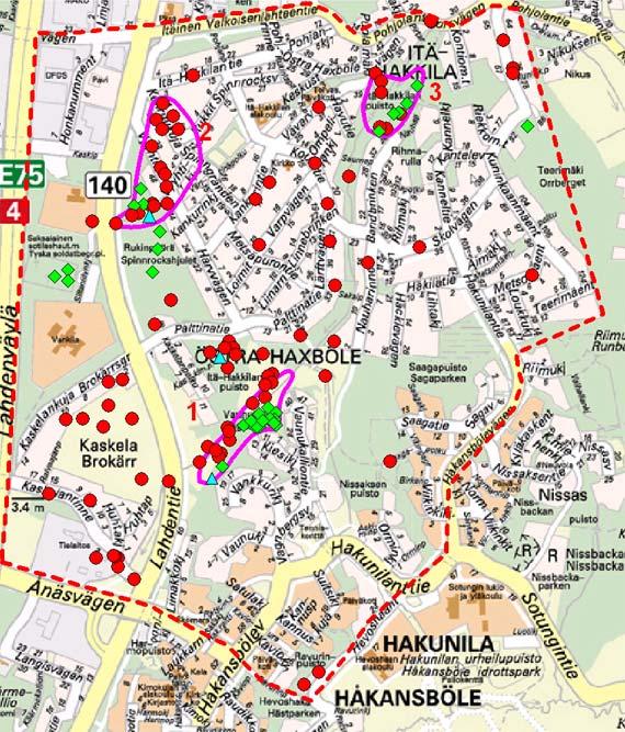 16 c Vantaan kaupunki Kartoitetun alueen kartta. Punainen katkoviiva on lepakkokartoitusalueen raja. Pisteet esittävät kaikkia alueelta tehtyjä lepakkohavaintoja.