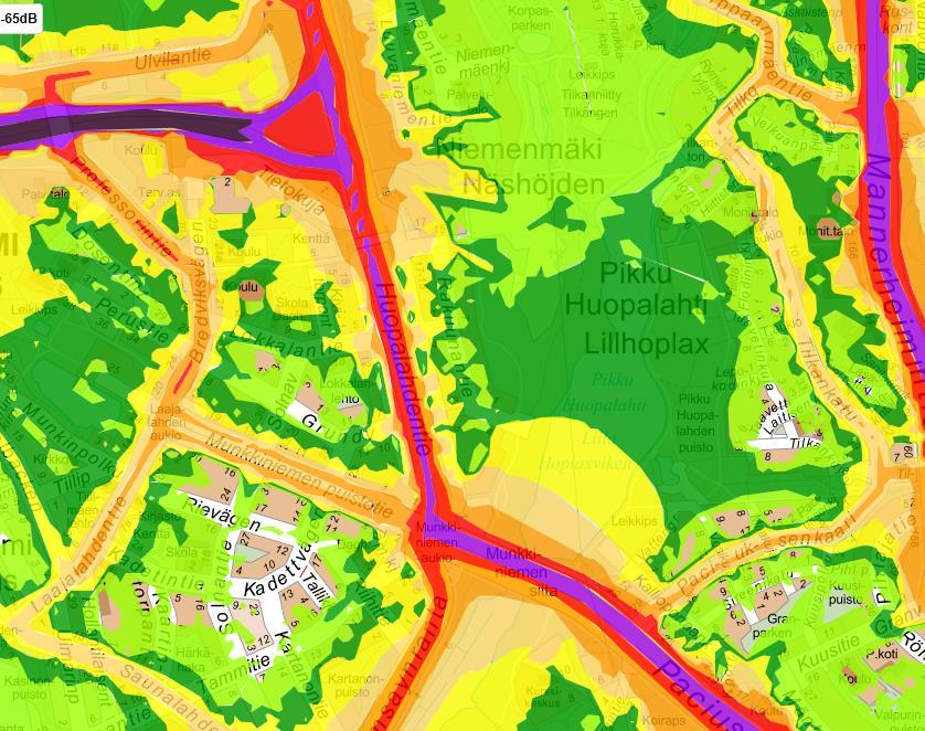 Kenties 15-30 pääkatua, joilla tieto liikennemelusta