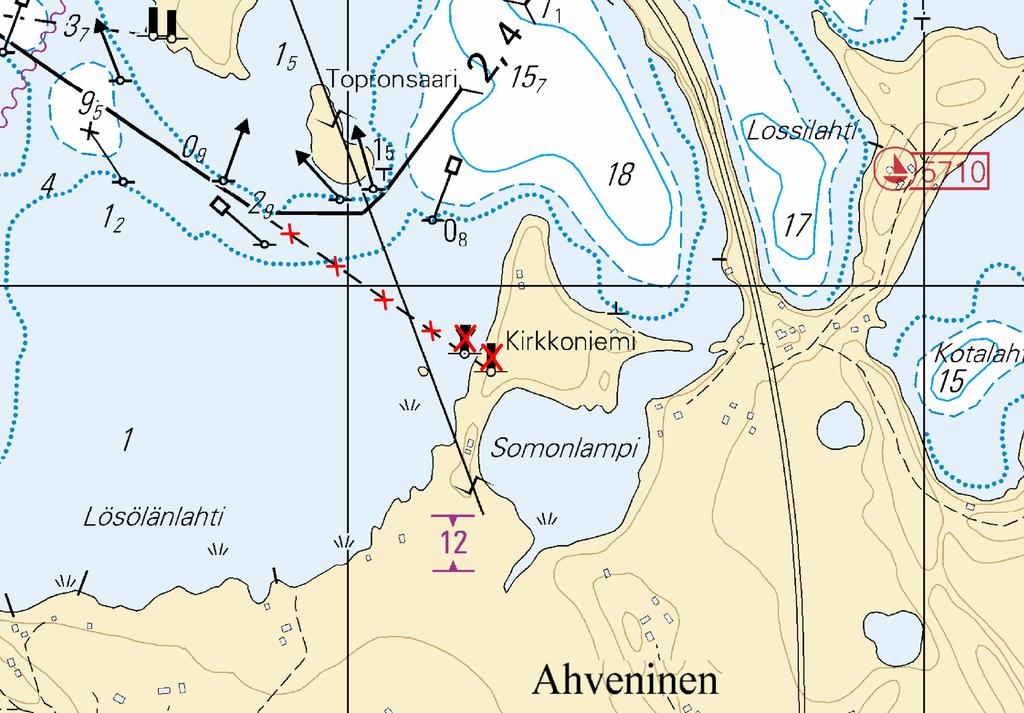 Poista Stryk Delete 4 Taululinja seuraavien pisteiden väliltä: Enslinjen mellan följande positioner: Leading line between the following positions: (1) 62 56.43'N 30 06.25'E (2) 62 56.56'N 30 05.