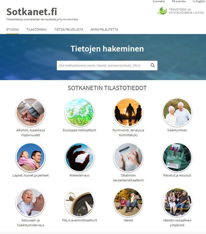 Sotkanetin etusivu Indikaattorit ryhmitelty aiheittain.