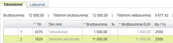 Uusi lasku tarkastettavaksi Tiliöinti ja kulujen jaksotus: Laskun kuluja on mahdollista jaksottaa useammalle eri kuukaudelle (Huom! summaltaan vähämerkityksisiä kuluja on tarpeetonta jaksottaa).