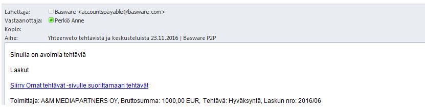 Lasku hyväksyttäväksi P2P lähettää sinulle sähköpostin uusista/käsittelemättömistä laskuista kerran päivässä (aamulla klo 8:00). Viestissä on listattuna max. 10 laskua.