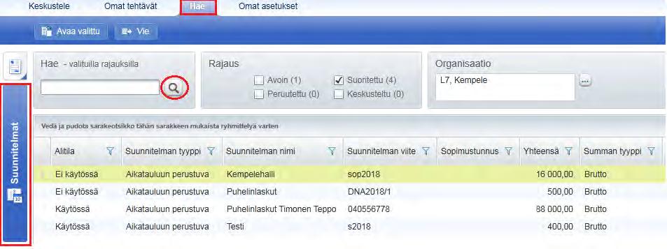 Laskuarkisto Maksusuunnitelmaan täsmäytyneet laskut: maksusuunnitelmaan täsmäytyneet laskut löytyvät Haesivulta kohdasta Suunnitelmat.