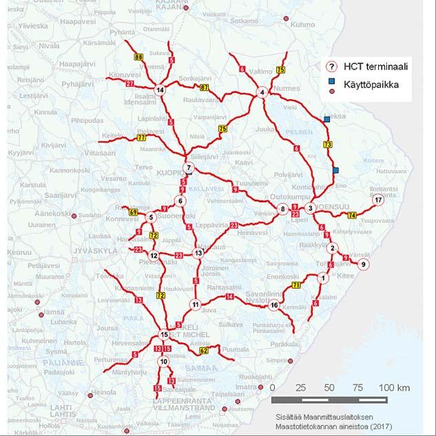 17 Kuva: Mallinnettu HCT-kuljetusverkko, HCT-terminaalit (1-17) ja alueen kuitupuun kuljetuksiin pääasiassa vaikuttavat käyttöpaikat (Kuopion ja Varkauden käyttöpaikat erottuvat osittain
