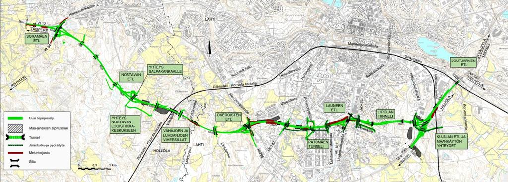 Vt 12 Lahden eteläinen kehätie Valtatietä noin 13 km Soramäki Okeroinen 2-kaistaa (7,2 km) 100 km/h Okeroinen Kujala 4-kaistaa (6,2 km) 80 km/h Patomäen betonitunneli Liipolan betoni / kalliotunneli