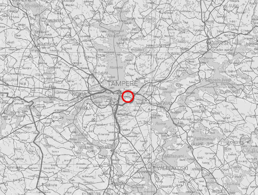 Maantiekarttaote tutkimusalueen sijainnista. Tutkimusalue osoitettu punaisella ympyrällä.