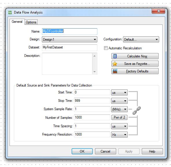 21 Kuva 9. Data Flow Analysis -ikkuna. Simuloinnista saadut arvot ilmestyvät Workspace Tree -tilaan muodossa Dataset(Name), eli tässä tapauksessa nimellä MyFirstDataset(MyDFcontroller).