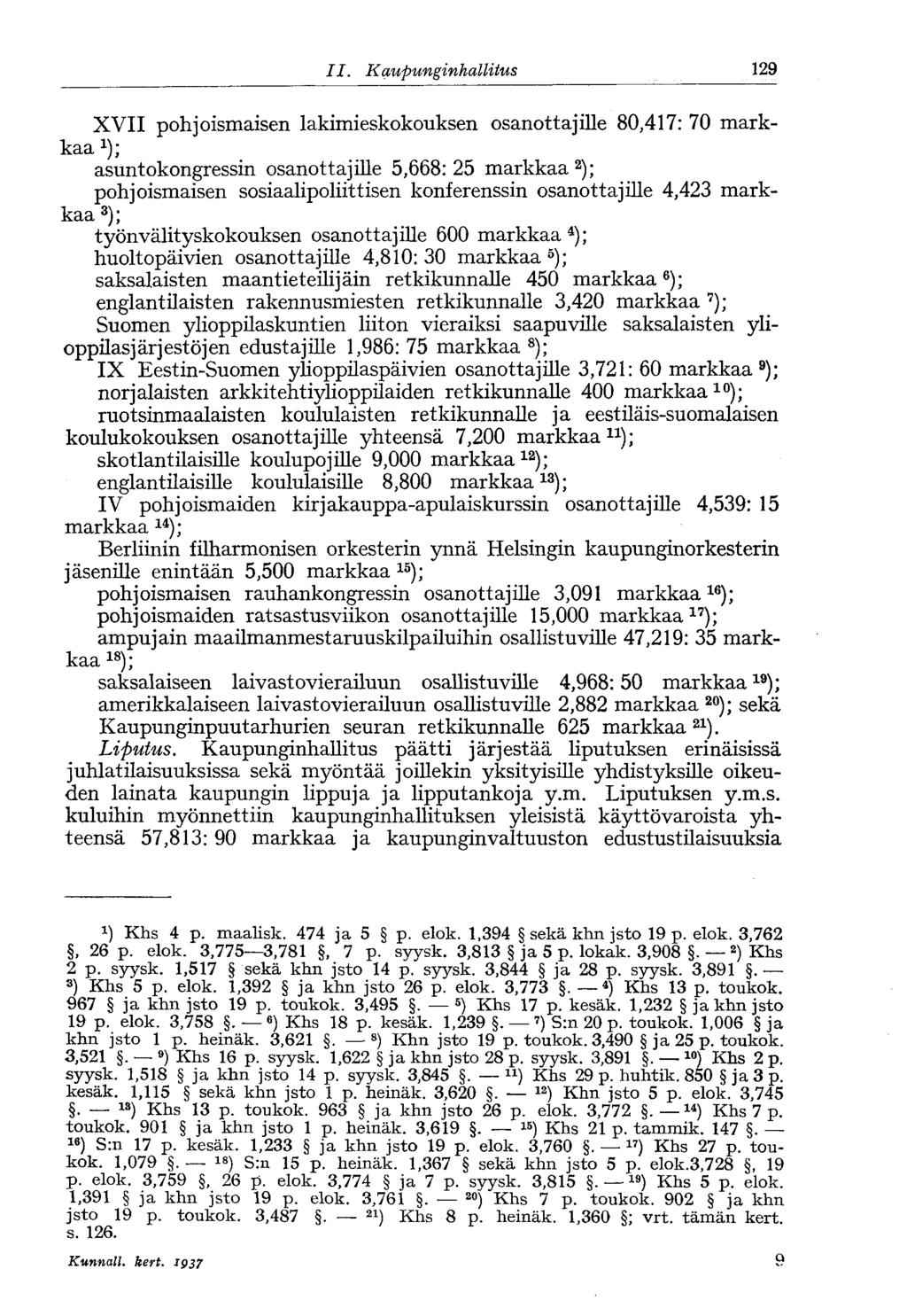 II. Kaupunginhallitus< 129 XVII pohjoismaisen lakimieskokouksen osanottajille 80,417: 70 markkaa 1 ); asuntokongressin osanottajille 5,668: 25 markkaa 2 ); pohjoismaisen sosiaalipoliittisen