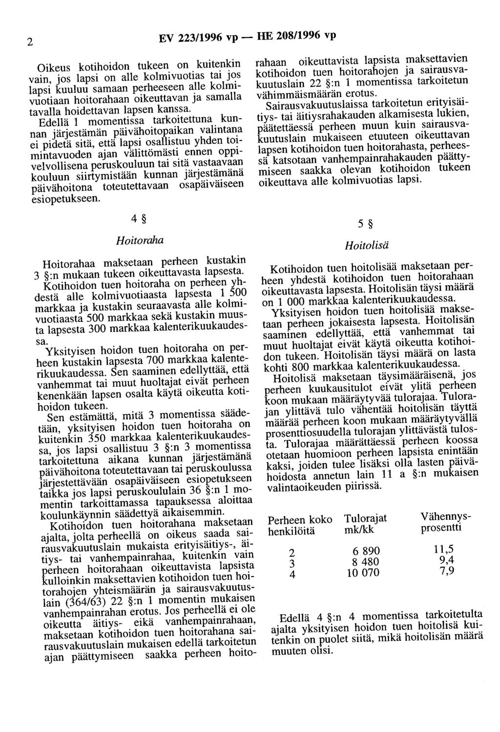 2 EV 223/1996 vp - HE 208/1996 vp Oikeus kotihoidon tukeen on kuitenkin vain, jos lapsi on alle kolmivuotias tai jos lapsi kuuluu samaan perheeseen alle kolmivuotiaan hoitorahaan oikeuttavan ja