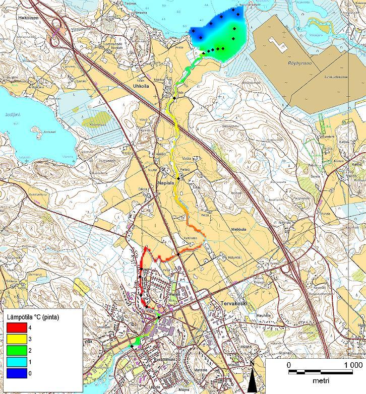 9 Kuva 4.3. Esimerkki kuva lämpökuormituksen leviämisestä Tervajoessa 23.1.2017. 4.3 Lämpökuormituksen vaikutus taimenen elinkiertoon ja mädin kehittymiseen.