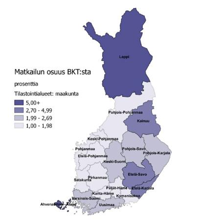 KUVA 14. MATKAILUN OSUUS BKT:STA ERI MAAKUNNISSA (2014) LÄHDE: ALUEELLINEN MATKAILUTILINPITO 2013-2014, TEM 3.2 Matkailutulot 3.2.1 Matkailun aluetaloudellinen merkitys Matkailijavirrat Venäjältä Suomeen ovat kääntyneet jälleen kasvuun parin heikomman vuoden jälkeen.