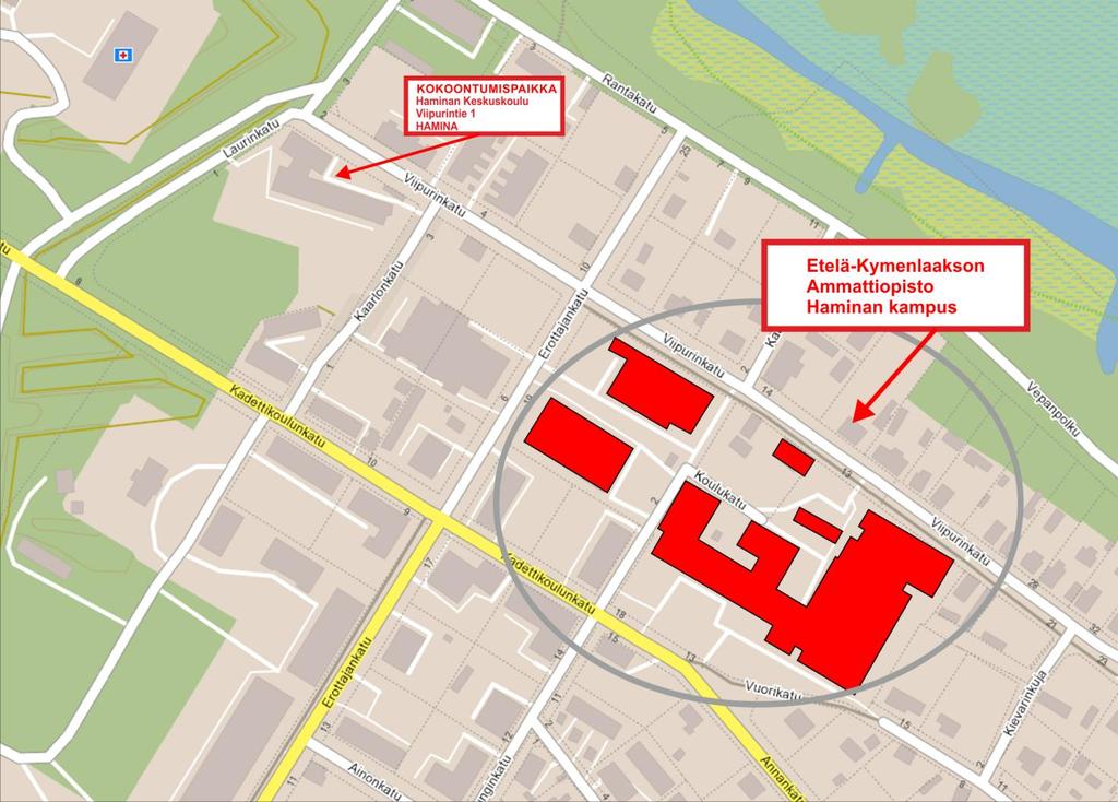4. Ekamin toimipisteiden kokoontumispaikat ja asemakuvat Haminan Kampus: Kokoontumispaikka sijaitsee Viipurinkadun puoleisella sisäpihalla ja siitä