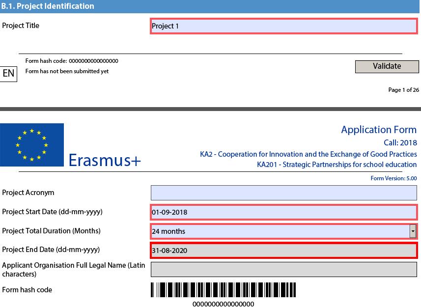 Project identification, KA201 PDF-lomake Hankkeen nimi: Konkreettinen ja kuvaava Lyhenne lyhyt ja ytimekäs, helposti muistettava ja käytettävissä oleva Hankkeen sopimuskausi alkaa