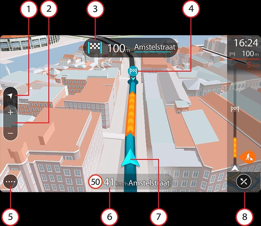 Vihje: Kun olet suunnitellut reitin, ja 3D-opastusnäkymä on näkyvissä, vaihda karttanäkymään painamalla näkymänvaihtopainiketta ja käytä interaktiivisia toimintoja. 1. Näkymäpainike.